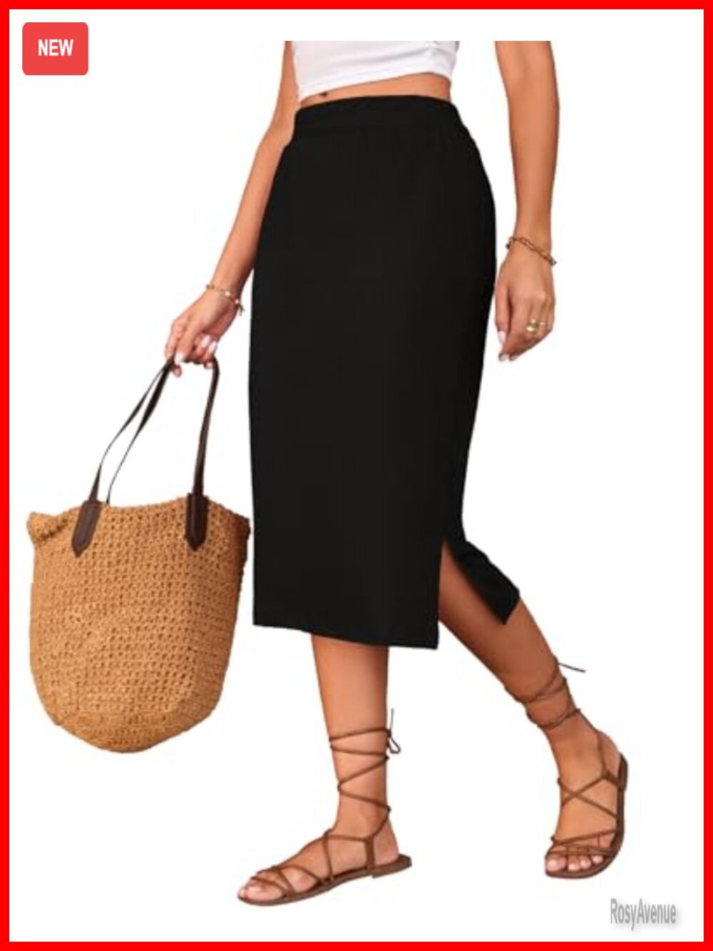 Elastic High Waisted Midi Skirt with Side Slit Summer Long Skirt